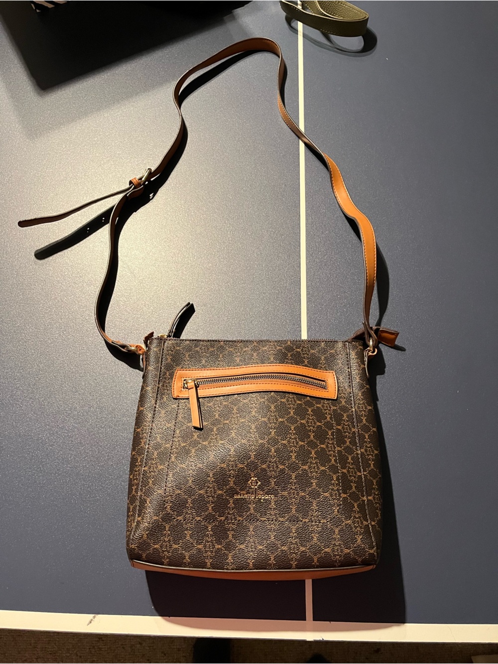 Nanette Lepore Brown Monogram Crossbody with Tan Trim
